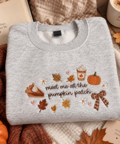Alternative view of Fall Pumpkin Patch Sweatshirt, Autumn Embroidered Crewneck, Pumpkin Spice Cozy Pullover, Thanksgiving Sweater, Cute Fall Gift for Women
