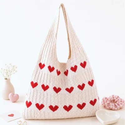 Handmade Knit Heart Pattern Tote Bag