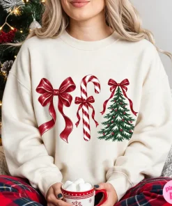 Vintage Christmas Bow Sweatshirt for Women, Red Ribbon Candy Cane and Christmas Tree Graphic, Cozy Holiday Pullover, Winter Gift Idea