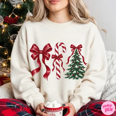 Vintage Christmas Bow Sweatshirt for Women, Red Ribbon Candy Cane and Christmas Tree Graphic, Cozy Holiday Pullover, Winter Gift Idea