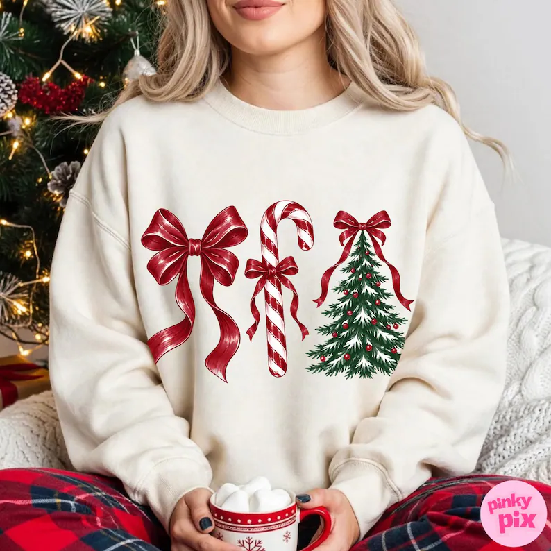 Vintage Christmas Bow Sweatshirt for Women, Red Ribbon Candy Cane and Christmas Tree Graphic, Cozy Holiday Pullover, Winter Gift Idea