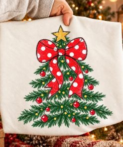 Alternative view of Vintage Christmas Tree Bow Sweatshirt for Women, Red Polka Dot Ribbon Holiday Pullover, Cozy Winter Christmas Gift Shirt