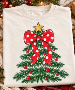 Vintage Christmas Tree Bow Sweatshirt for Women, Red Polka Dot Ribbon Holiday Pullover, Cozy Winter Christmas Gift Shirt