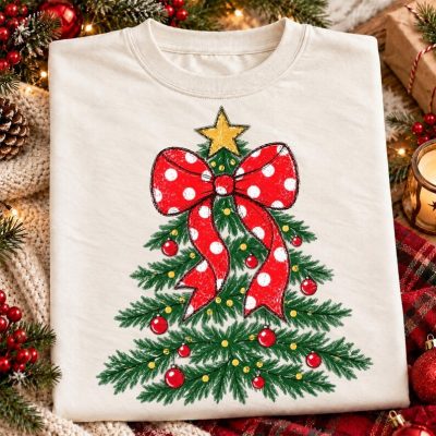 Vintage Christmas Tree Bow Sweatshirt for Women, Red Polka Dot Ribbon Holiday Pullover, Cozy Winter Christmas Gift Shirt