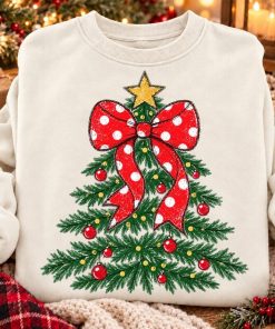 Vintage Christmas Tree Bow Sweatshirt for Women, Red Polka Dot Ribbon Holiday Pullover, Cozy Winter Christmas Gift Shirt - Image 3
